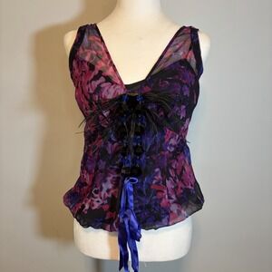 Tracy Reese New York Silk Beaded Feather Top Abstract Floral Sleeveless Petite S